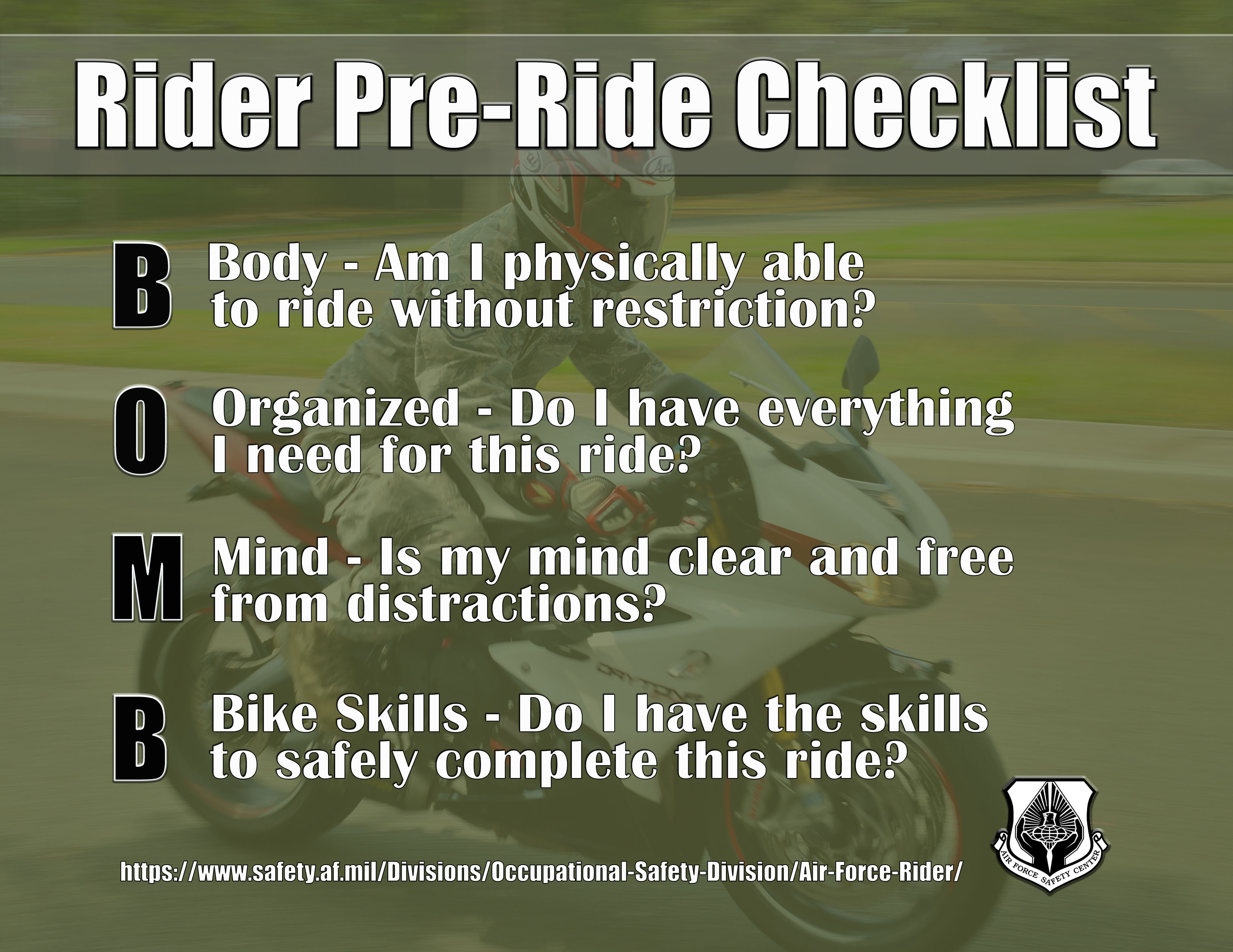 BOMBS Pre-Ride checklist - Sportsbike Motorcycle Rider with riding gear on